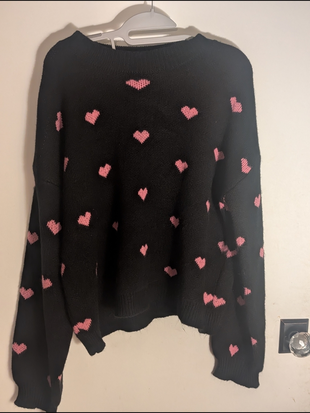 Source Unknown Black Crewneck Sweater with Pink Heart Motif
